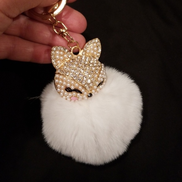 Accessories - New Jeweled Cream Colored Fox Pom Pom Keychain